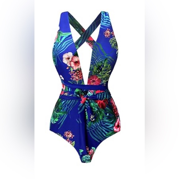 Women's Tropical Print Deep V-Neck Criss Cross Floral One Piece Swimsuit - Picture 3 of 7
